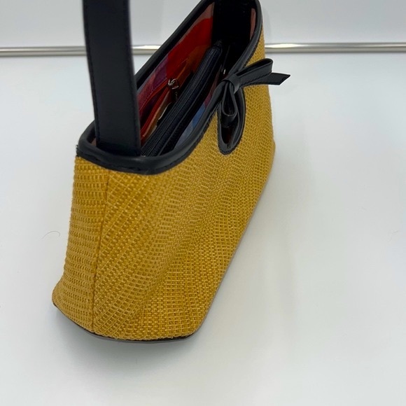 Cole Haan East-West Natural Tan Straw Satchel with Black Leather Bow and Trim - Picture 6 of 9